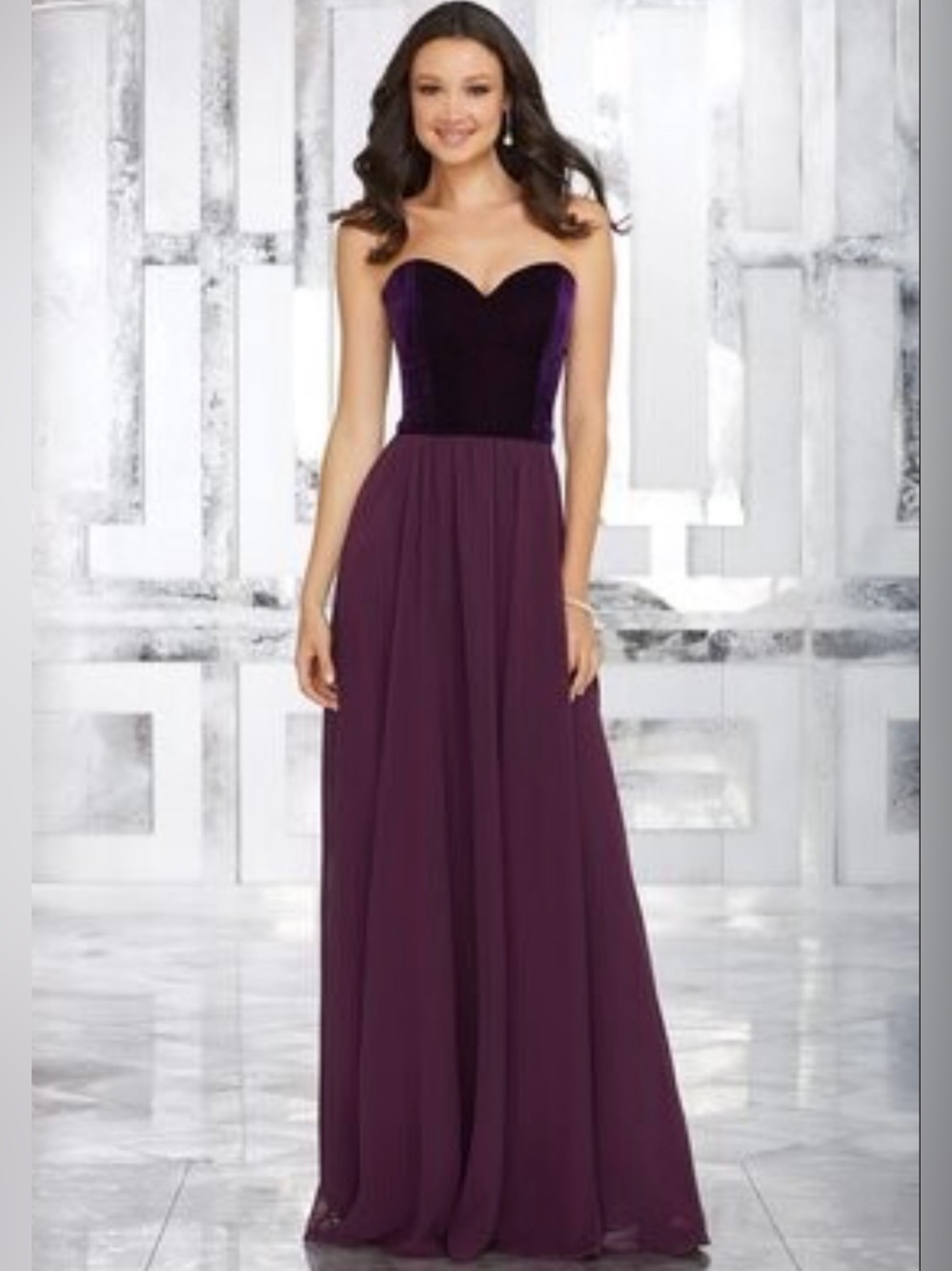 Mori Lee Strapless Romantic Sweetheart Velvet Plum Long Formal Evening Dress